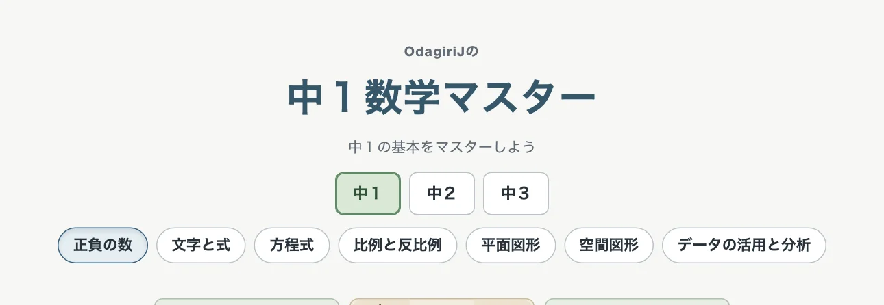 中１数学マスターの題と単元のタブ（パソコン）